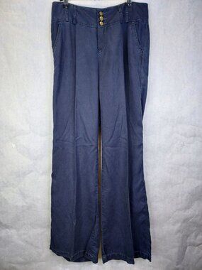 OUI MOMENTS Wide Leg Trousers Women 8 Long Inseam Navy Dress Drape Career Luxury